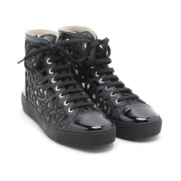 Top Quality Chanel Coco Leather X Fabric High-Cut Trainers 38  Black Flower Race