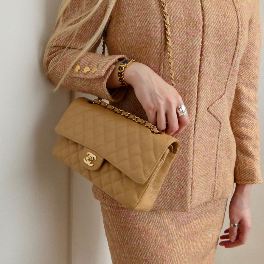 Top Quality Chanel 2003-2004 Beige Caviar Medium Classic Double Flap Bag