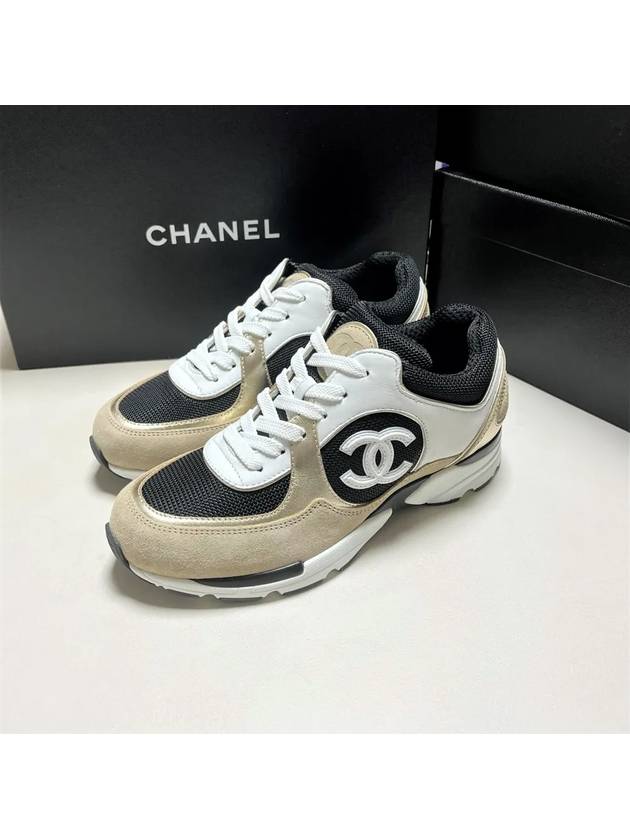 CC Logo Calfskin Fabric Low-Top Sneakers Beige Gold Chanel