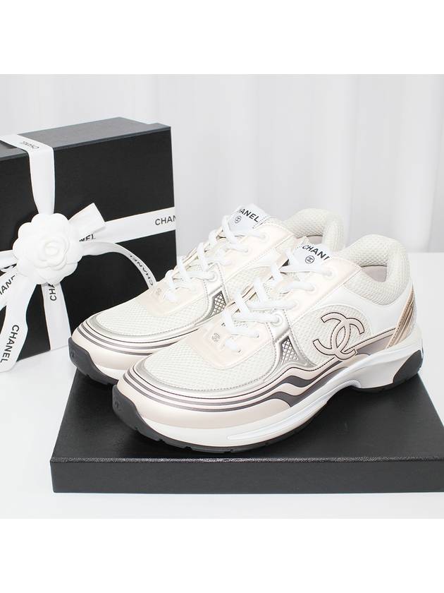 Fabric Laminated Low Top Sneakers Ivory White Gold Chanel