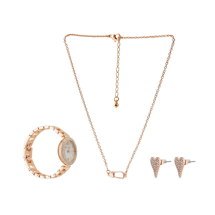 Jessica Carlyle Ladies Analog Watch W/ " Love is Love" Necklace And Earring Set, Shiny Rose Gold
