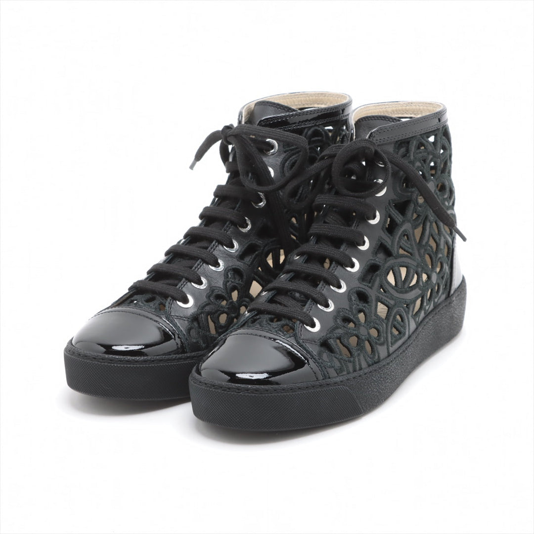 Top Quality Chanel Coco Leather X Fabric High-Cut Trainers 38  Black Flower Race