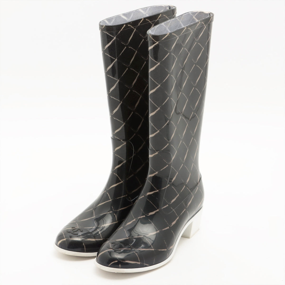 Top Quality Chanel Coco Laver Rain Boots 35  Black x Beige Upper Inside Head Yogurt at