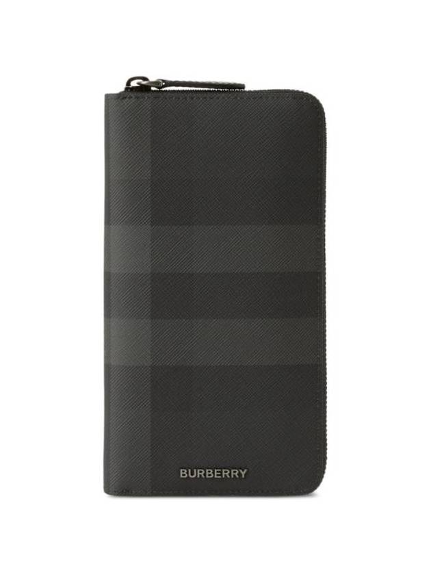 Burberry Logo Plaque Check Zipper Long Wallet Black
