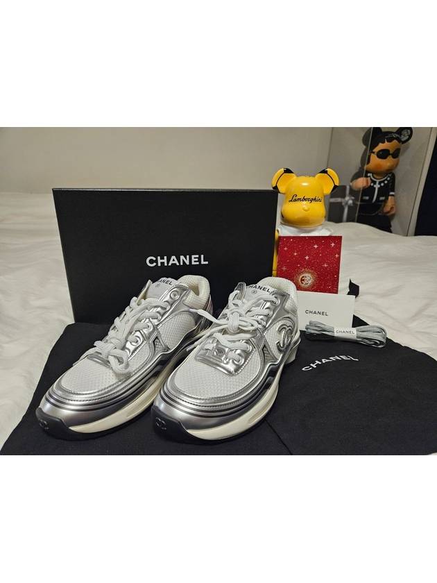 Fabric Laminated Low Top Sneakers Silver Chanel
