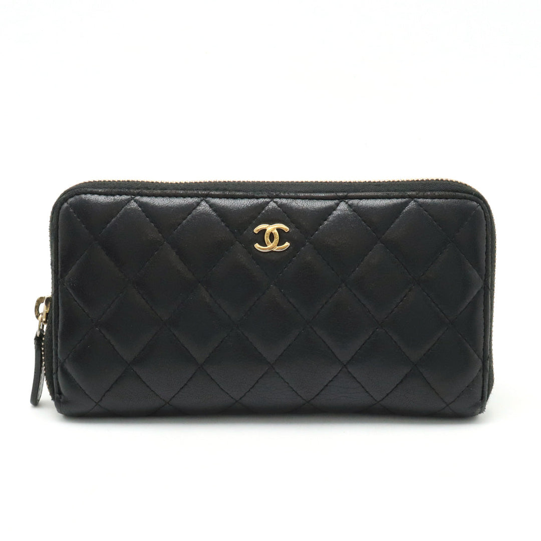 Top Quality Chanel MATRACE COCOMARK ROUNDFASNER Long Wallet Leather Black Black Gold  A50097