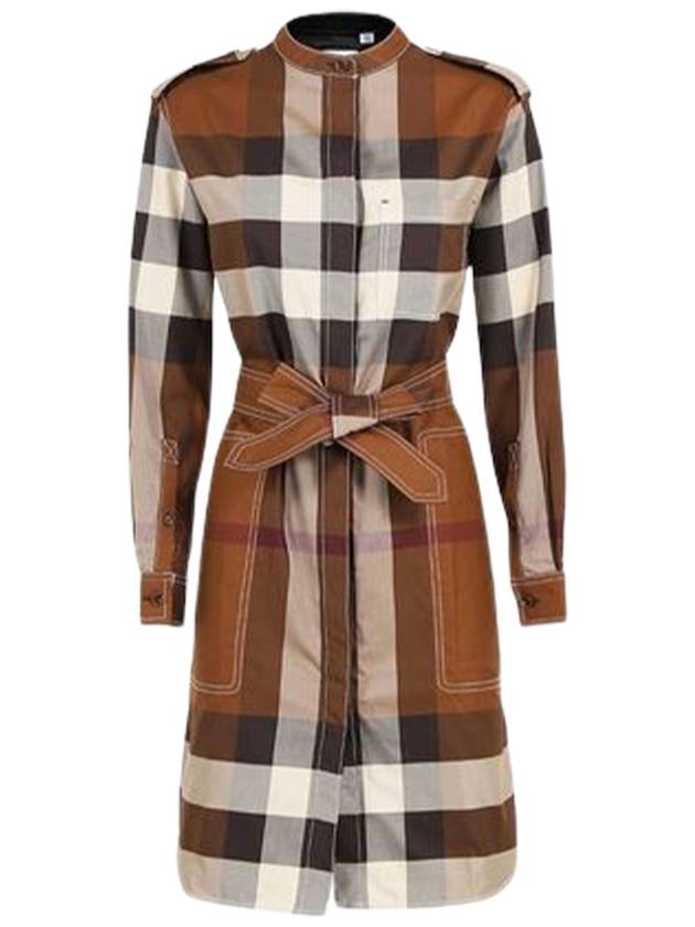Burberry Check Cotton Popolin Waist Shirt Midi Dress Brown