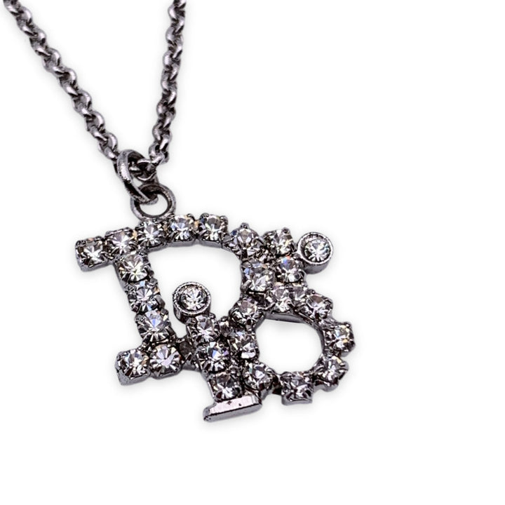 CHRISTIAN Top quality Dior Silver Metal Crystals Oblique Logo Necklace