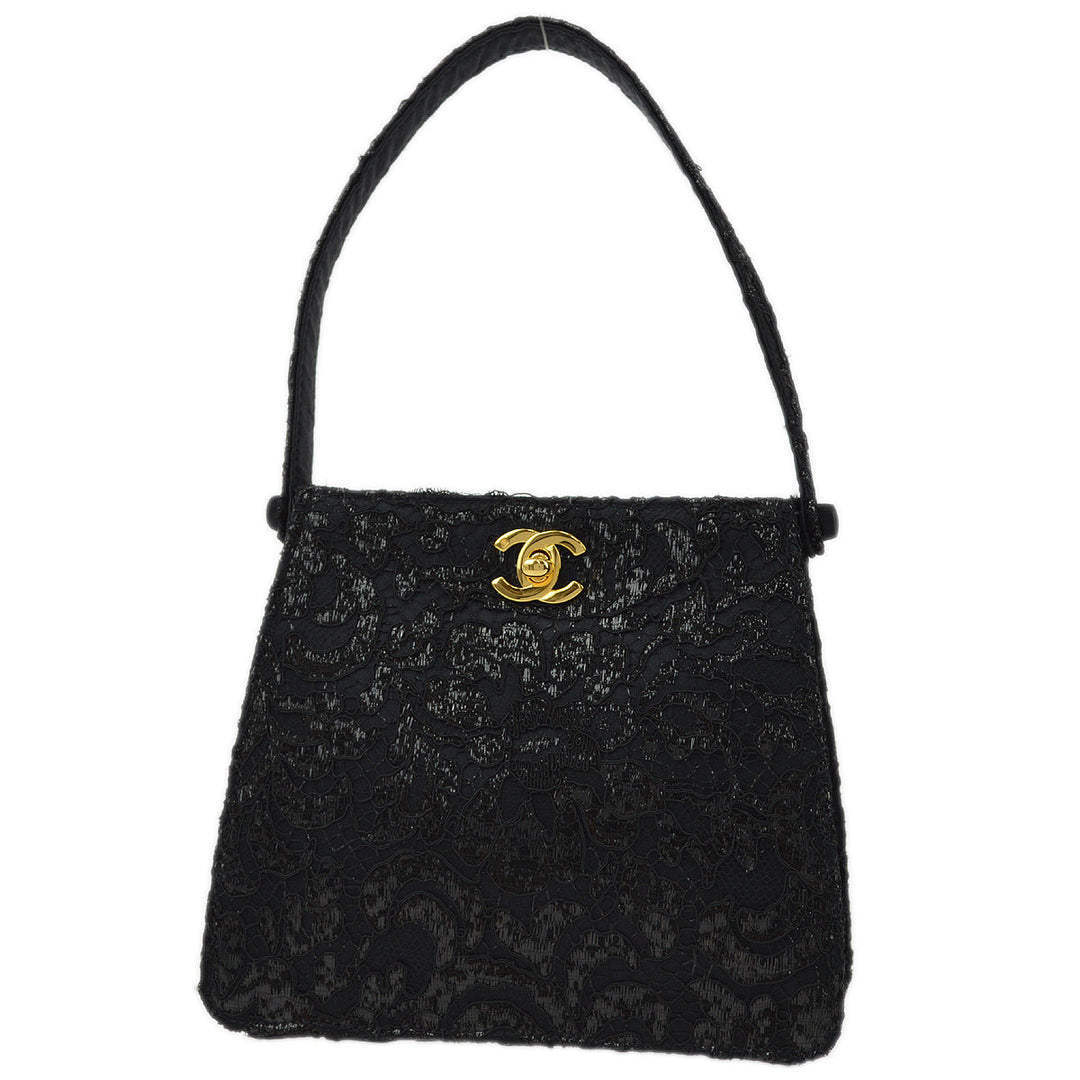 Top Quality Chanel Black Satin Lace Double Sided Turn lock Handbag