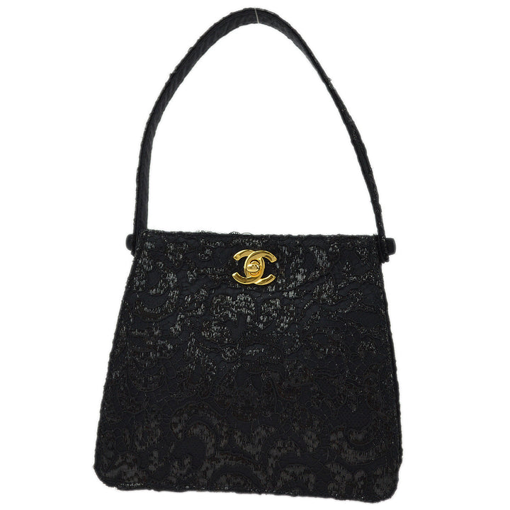 Top Quality Chanel Black Satin Lace Double Sided Turn lock Handbag