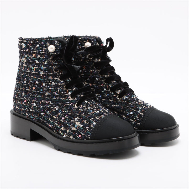 Top Quality Chanel COCOMARK TWIDE SHORT BOOTS 37.5 LADY BLACK X NAIBI G35154 PERLE  LOVE MARKET SHOP