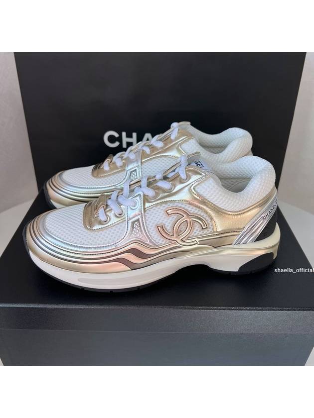 Fabric Laminated Low Top Sneakers Gold Chanel