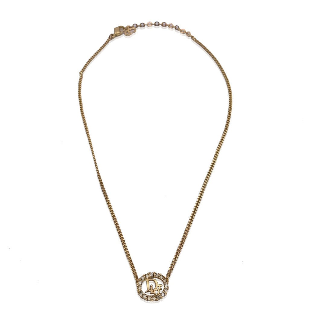 CHRISTIAN Dior Gold Metal Dior Oval Logo Rhinestones Necklace