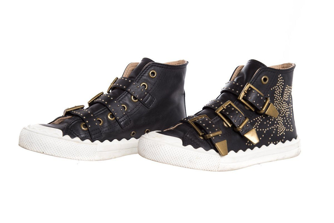 Chloé Black Leather Studded Buckle High-Top Sneakers SZ 37