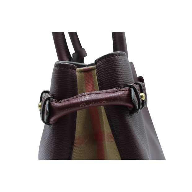 BURBERRY Dark Purple Grained Leather Tote - Checked Pattern On Sides