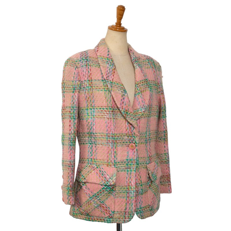 Top Quality Chanel Check Cocomark Button Terrard Jacket Pink Multicolor Wool Silk Ladies CHANEL