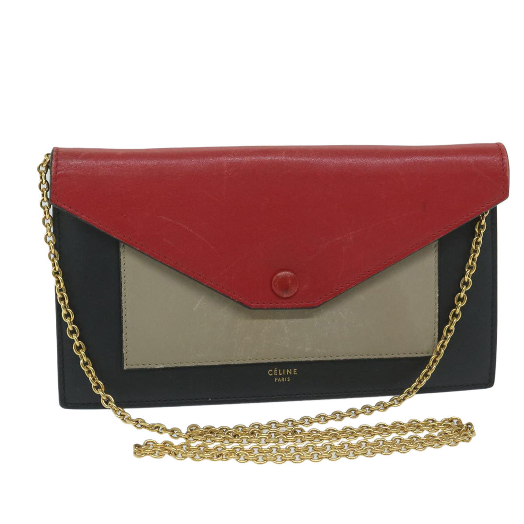 Celine Chain Wallet Leather Red Auth ep2918
