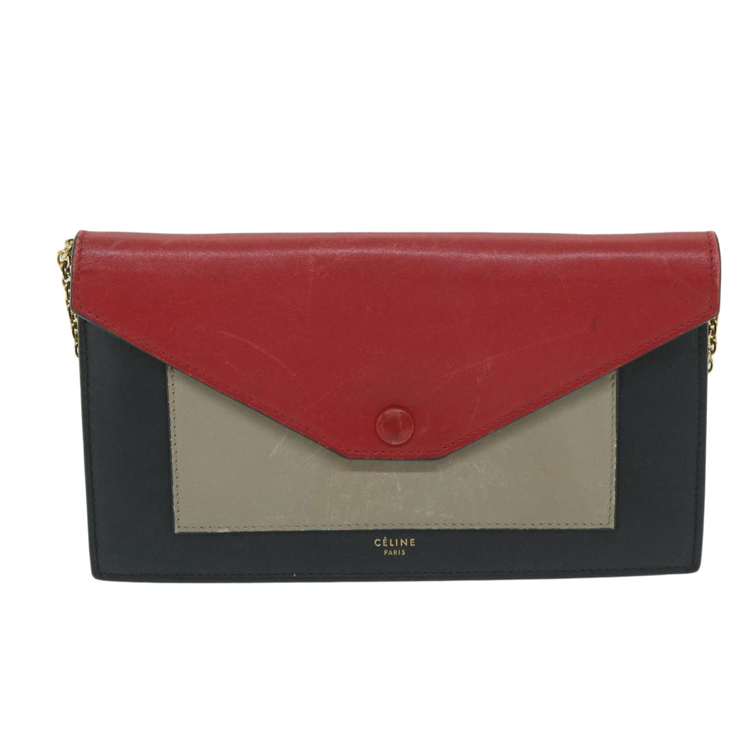 Celine Chain Wallet Leather Red Auth ep2918