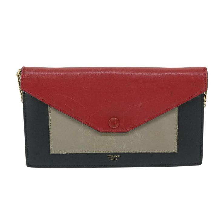 Celine Chain Wallet Leather Red Auth ep2918