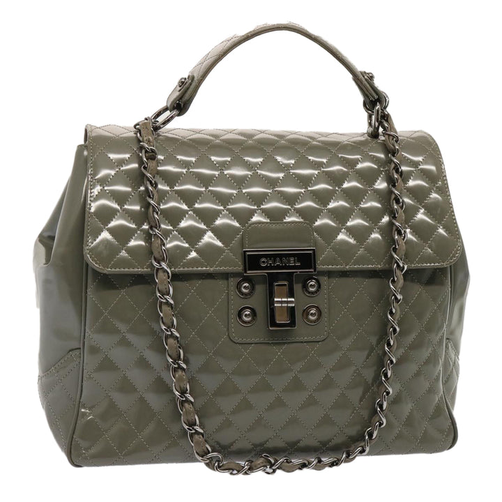 Chanel Matelasse Turn Lock Hand Bag Enamel 2way Gray CC Auth ep4178