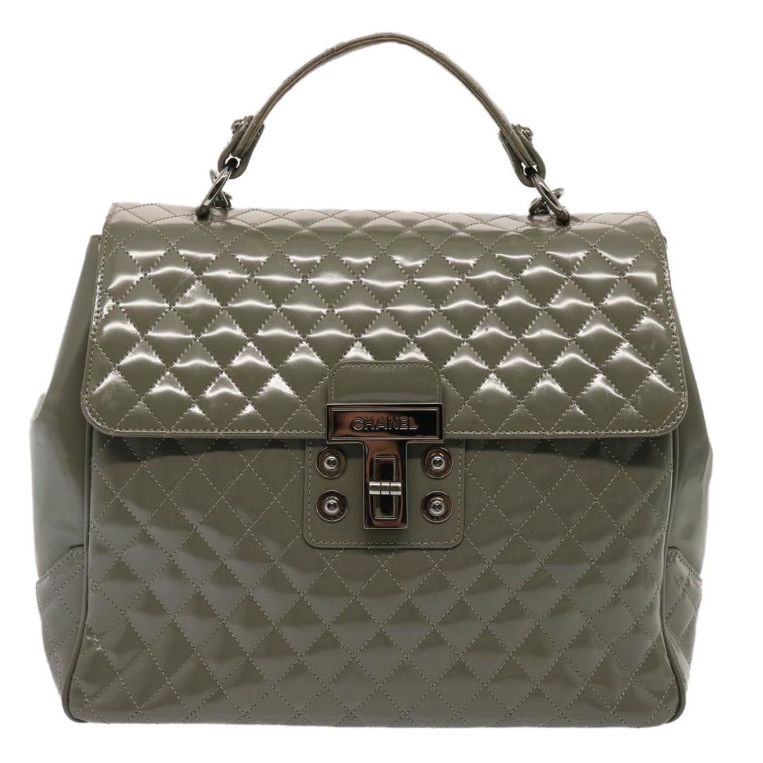 Chanel Matelasse Turn Lock Hand Bag Enamel 2way Gray CC Auth ep4178