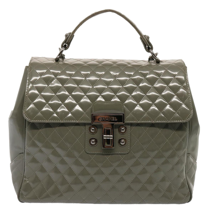 Chanel Matelasse Turn Lock Hand Bag Enamel 2way Gray CC Auth ep4178