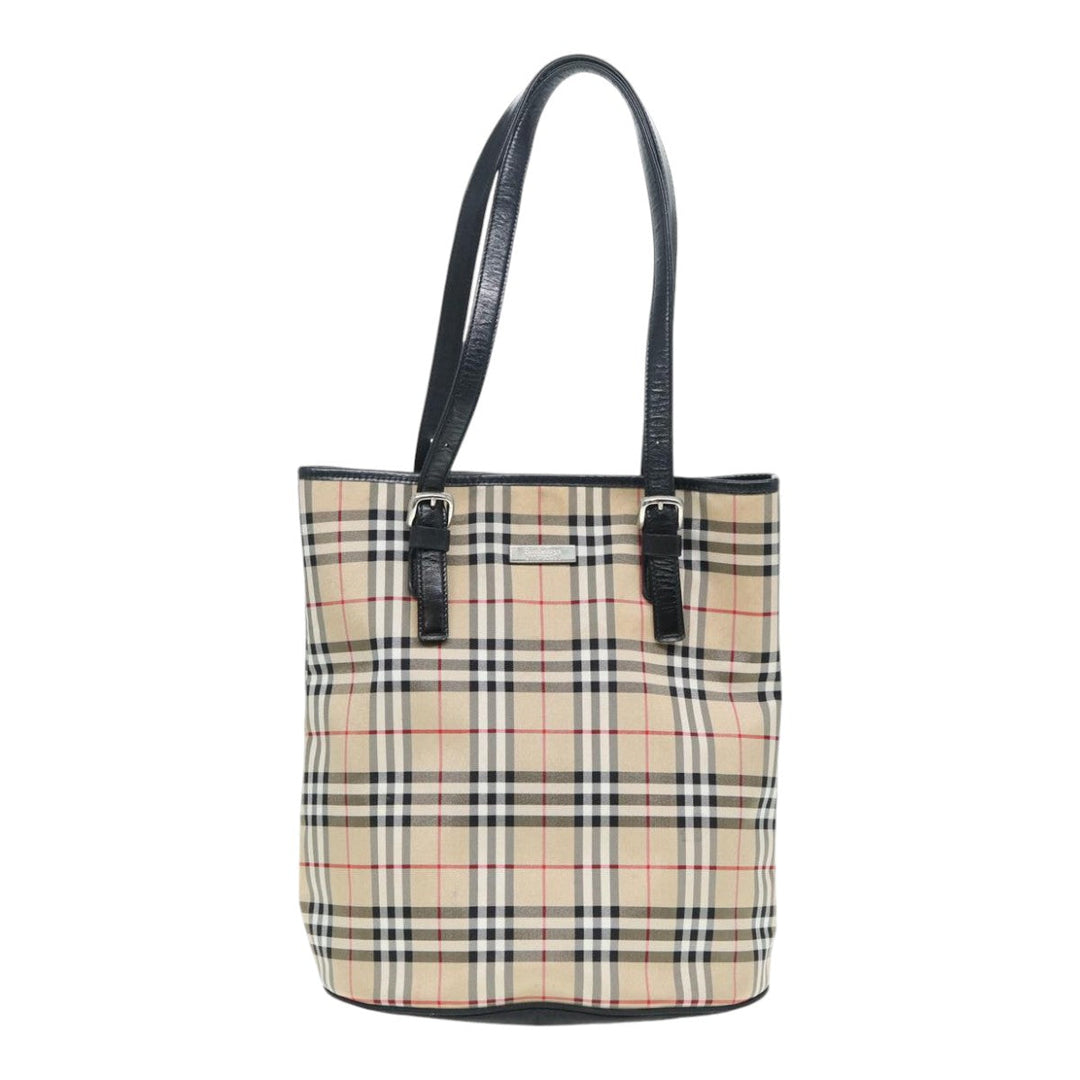 BurberrySs Nova Check Blue Label Tote Bag Nylon Beige Silver Auth ep5296