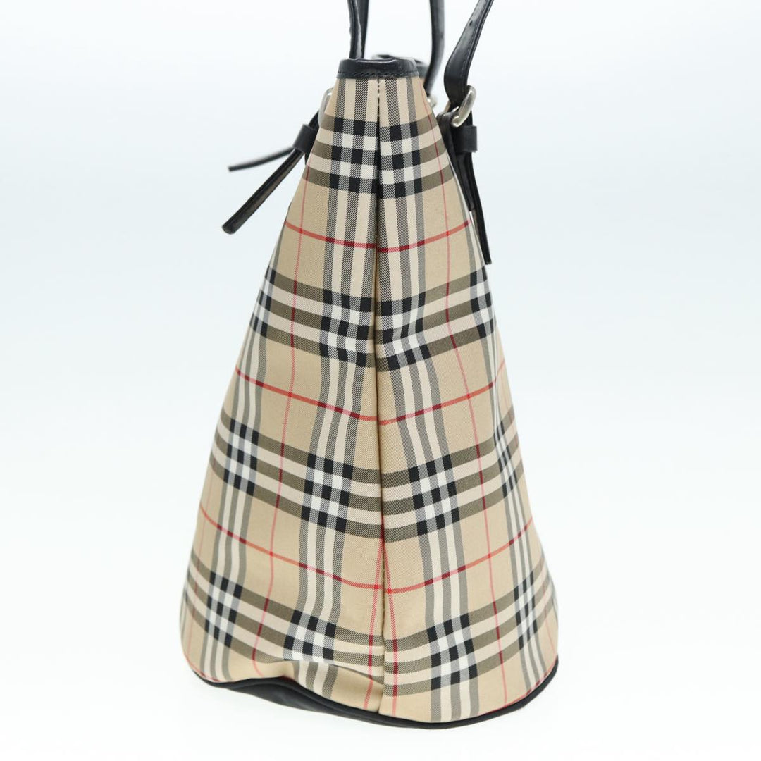 BurberrySs Nova Check Blue Label Tote Bag Nylon Beige Silver Auth ep5296