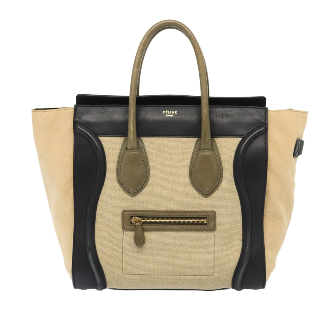 Celine Luggage Medium Shopper Hand Bag Canvas Beige Gold Auth ep5338