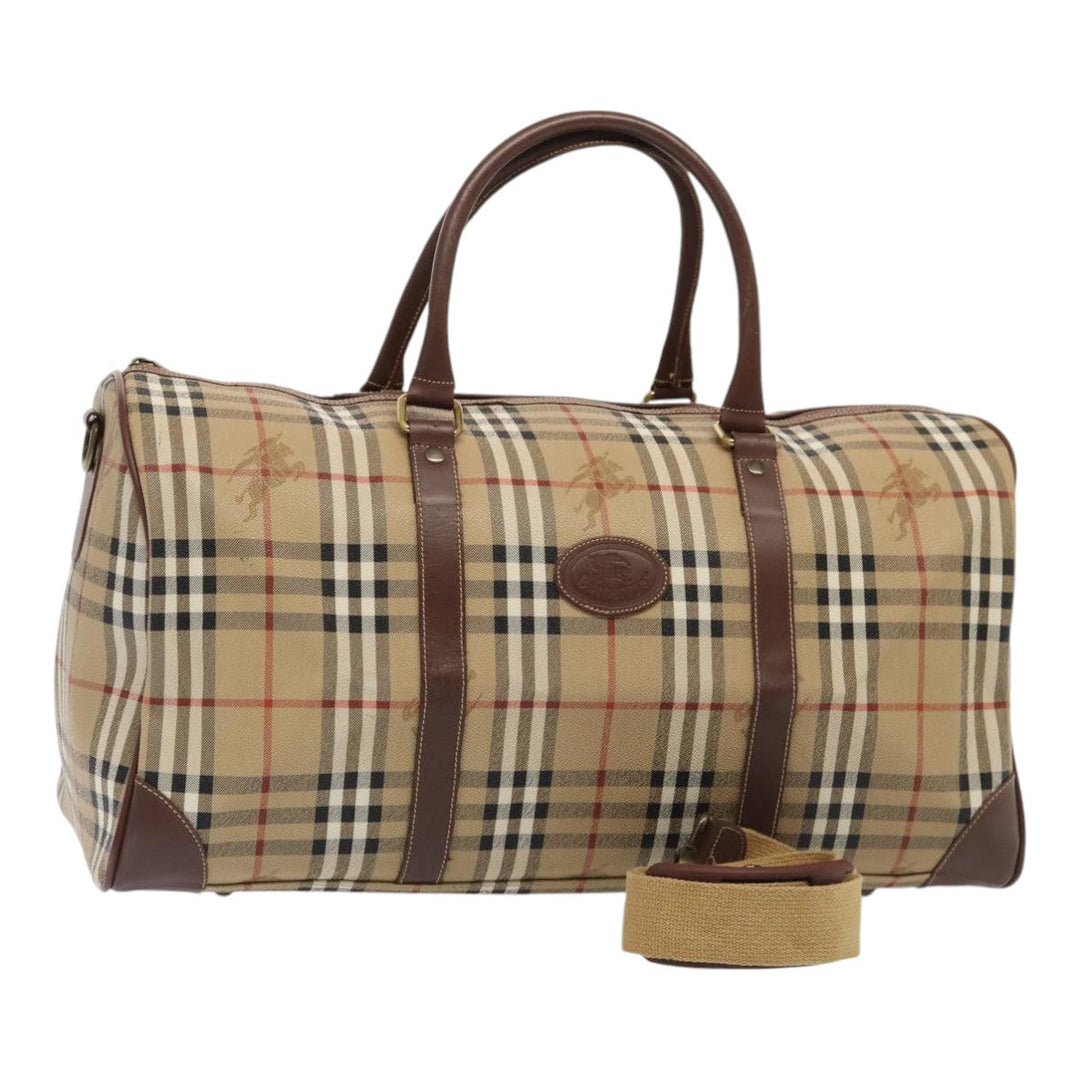 BurberrySs Nova Check Boston Bag PVC Leather 2way Beige Auth ep5370