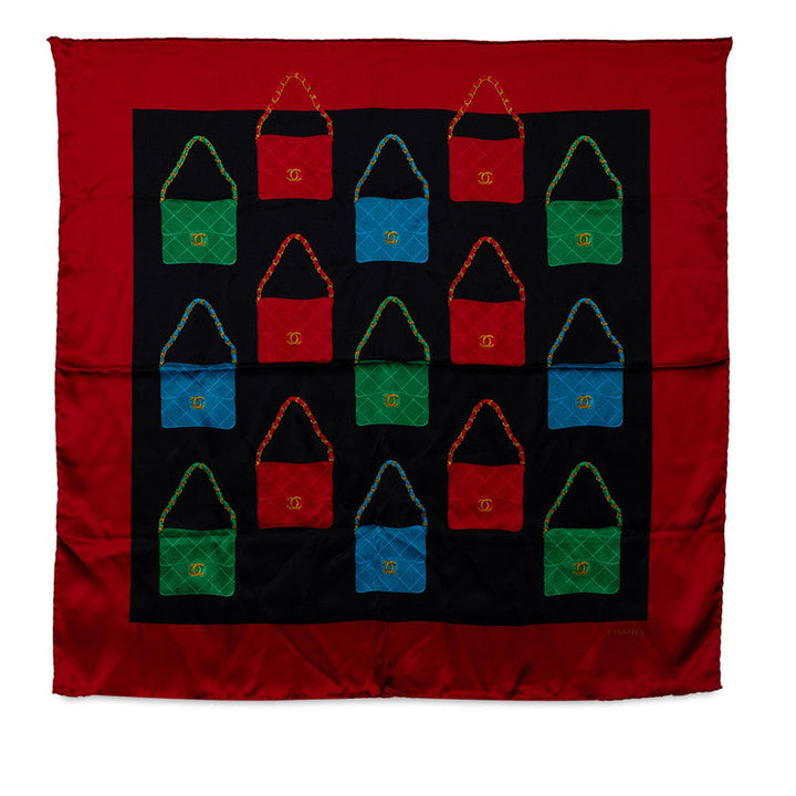 Top Quality Chanel Vintage Silk Scarf Red Flap Bag Motifs