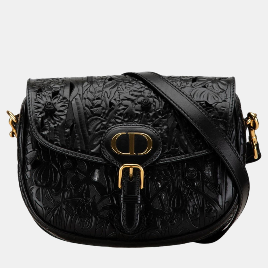Top quality Dior Black Leather Floral Applique Bobby Medium Shoulder Bags