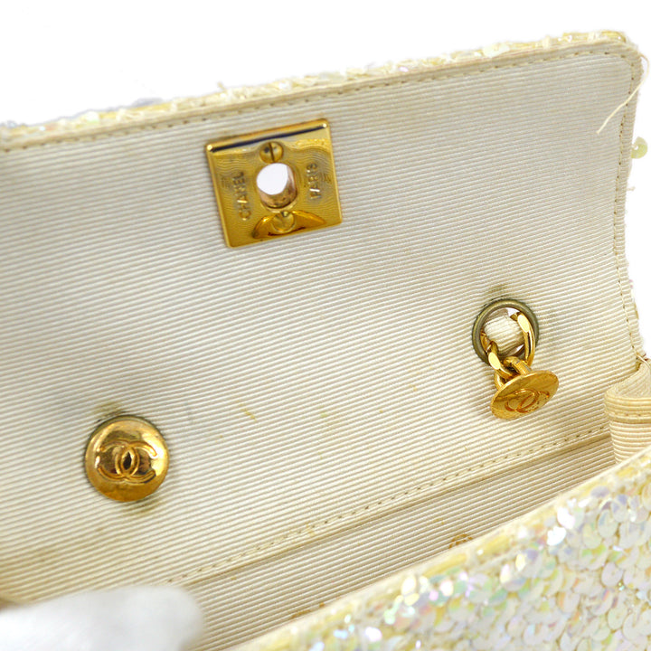 Top Quality Chanel * White Sequin Straight Flap Shoulder Bag Micro
