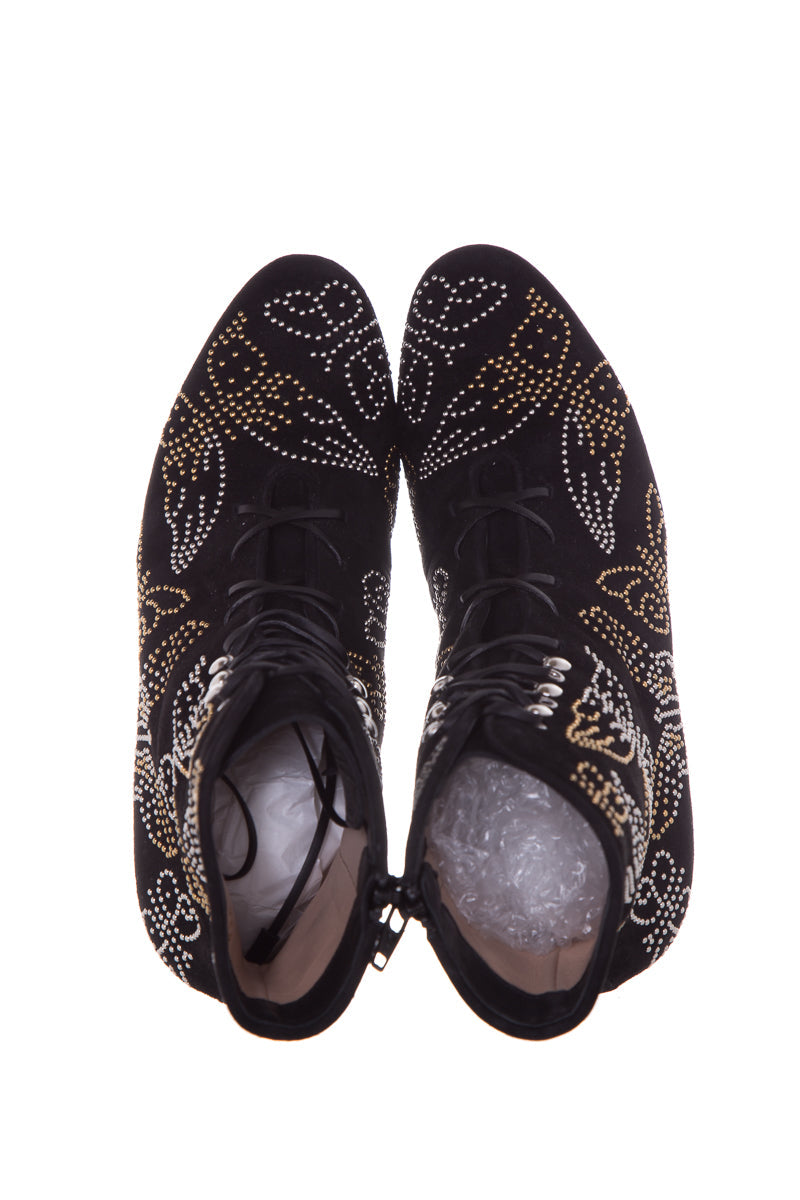 Valentino Black Butterfly Studded Suede Booties SZ 38