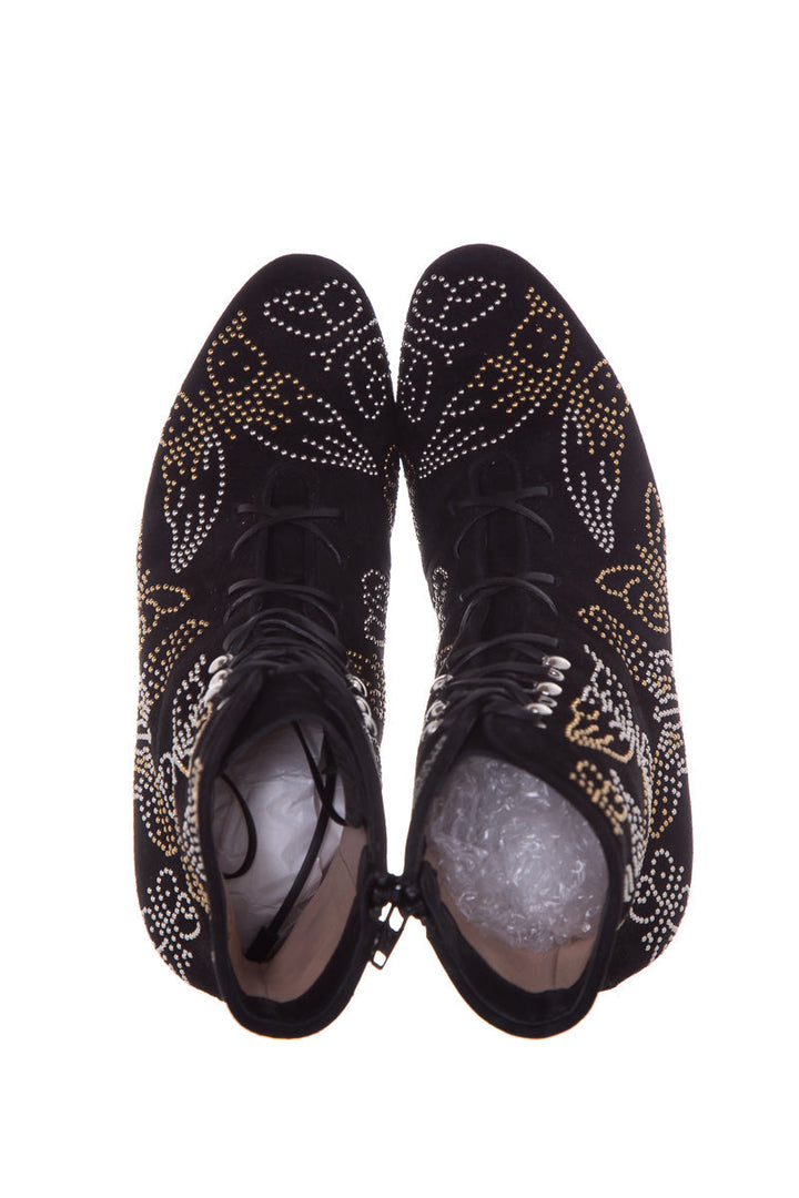 Valentino Black Butterfly Studded Suede Booties SZ 38