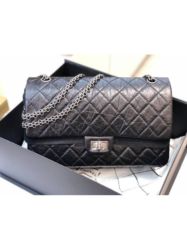 255 Chain Vintage Calfskin Ruthenium  Large Flap Shoulder Bag Black Chanel