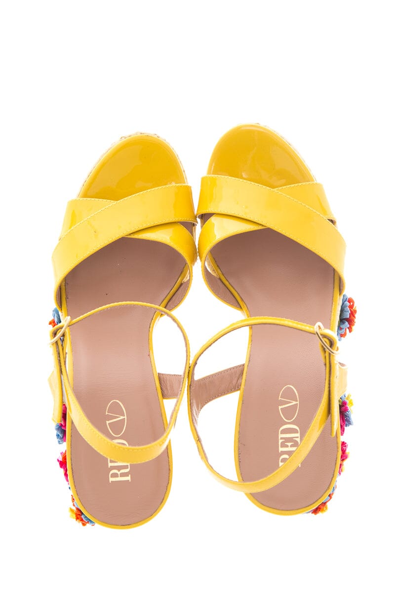 Red Valentino Yellow Patent Leather Jute Floral Wedge SZ 40