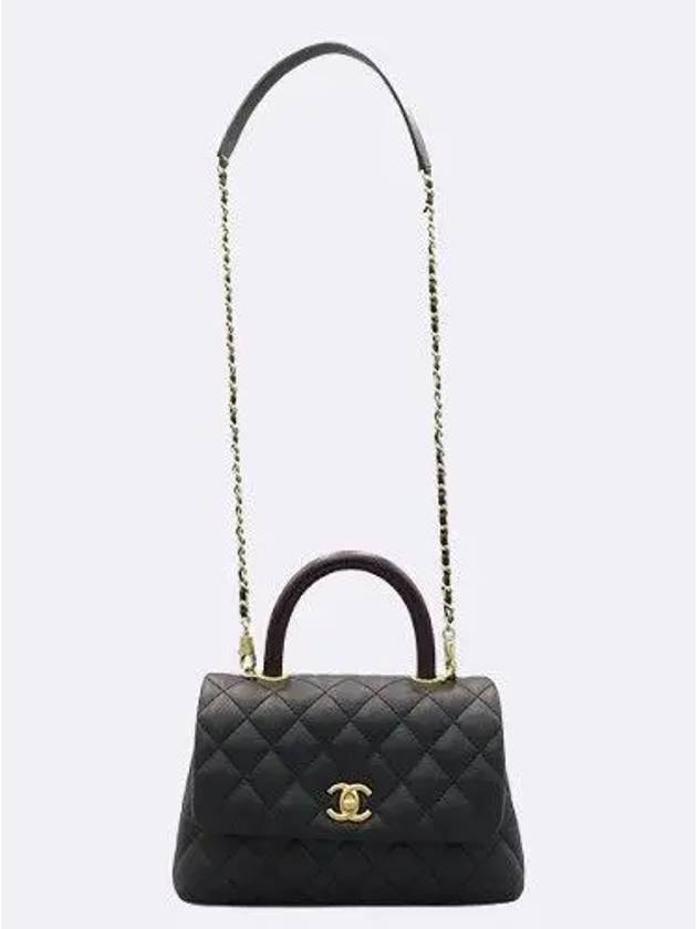 A92990 Black Caviar Grained Vintage Gold Coco Handle Small Flap Tote Bag Chain Cross Trap 2way Chanel