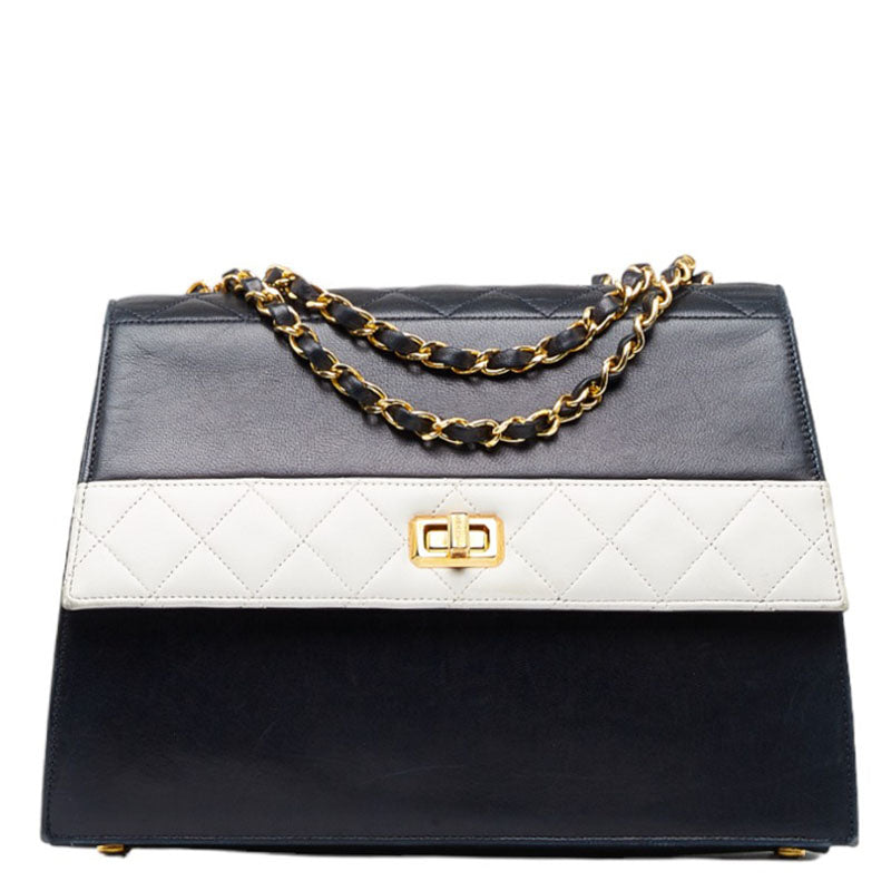 Top Quality Chanel Vintage Matrasse Chain Shoulder Bag Navy White Lambskin