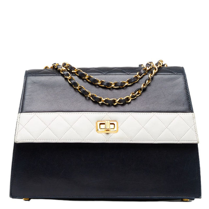 Top Quality Chanel Vintage Matrasse Chain Shoulder Bag Navy White Lambskin