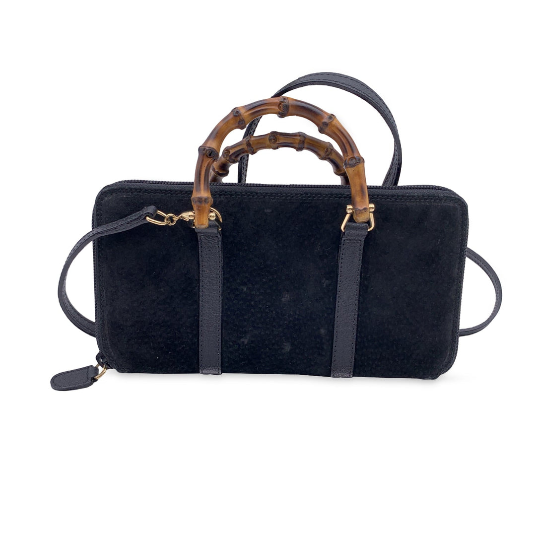 GUCCI Vintage Black Suede Bamboo Wallet On Chain Woc Crossbody