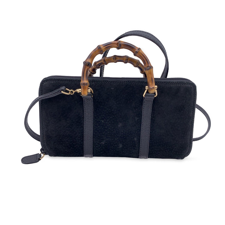 GUCCI Vintage Black Suede Bamboo Wallet On Chain Woc Crossbody