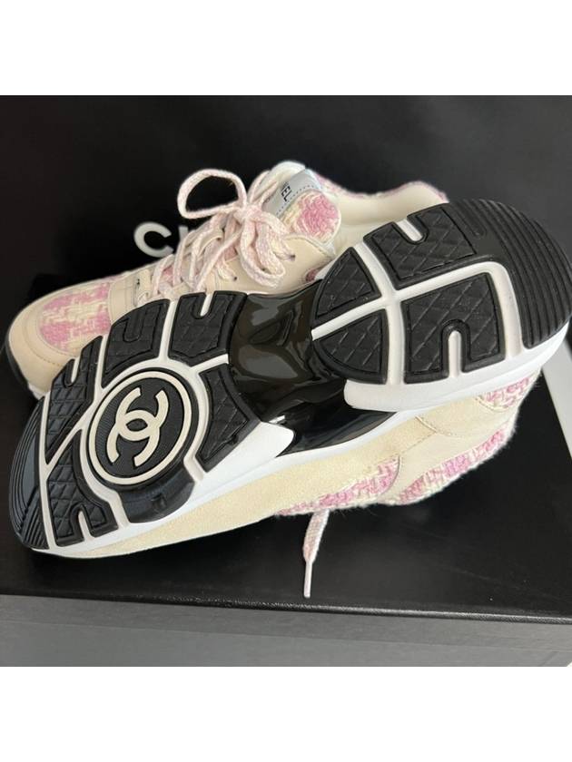 CC Logo Cotton Tweed Suede Calfskin Low Top Sneakers Pink Ecru Chanel