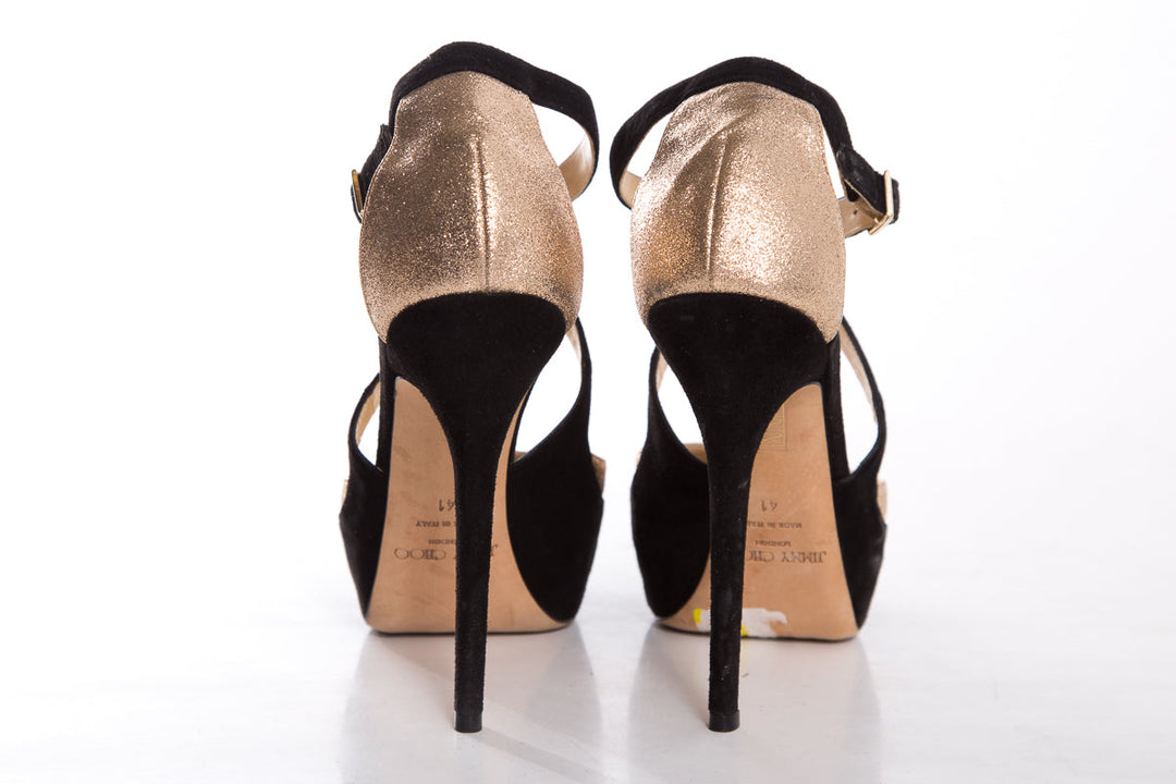 Jimmy Choo Rose Gold Glitter & Black Suede Heels SZ 41