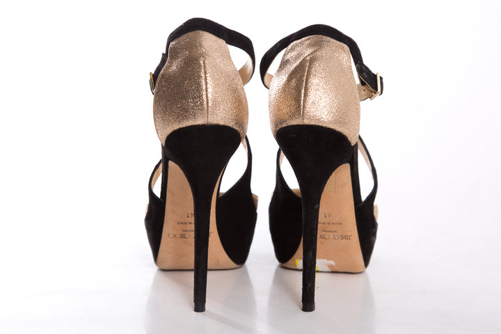 Jimmy Choo Rose Gold Glitter & Black Suede Heels SZ 41