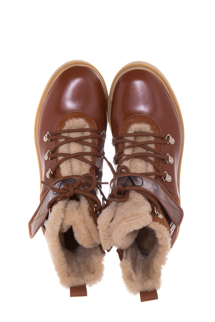 Valentino Chestnut Shearling Detail Logo Strap Boots SZ 38