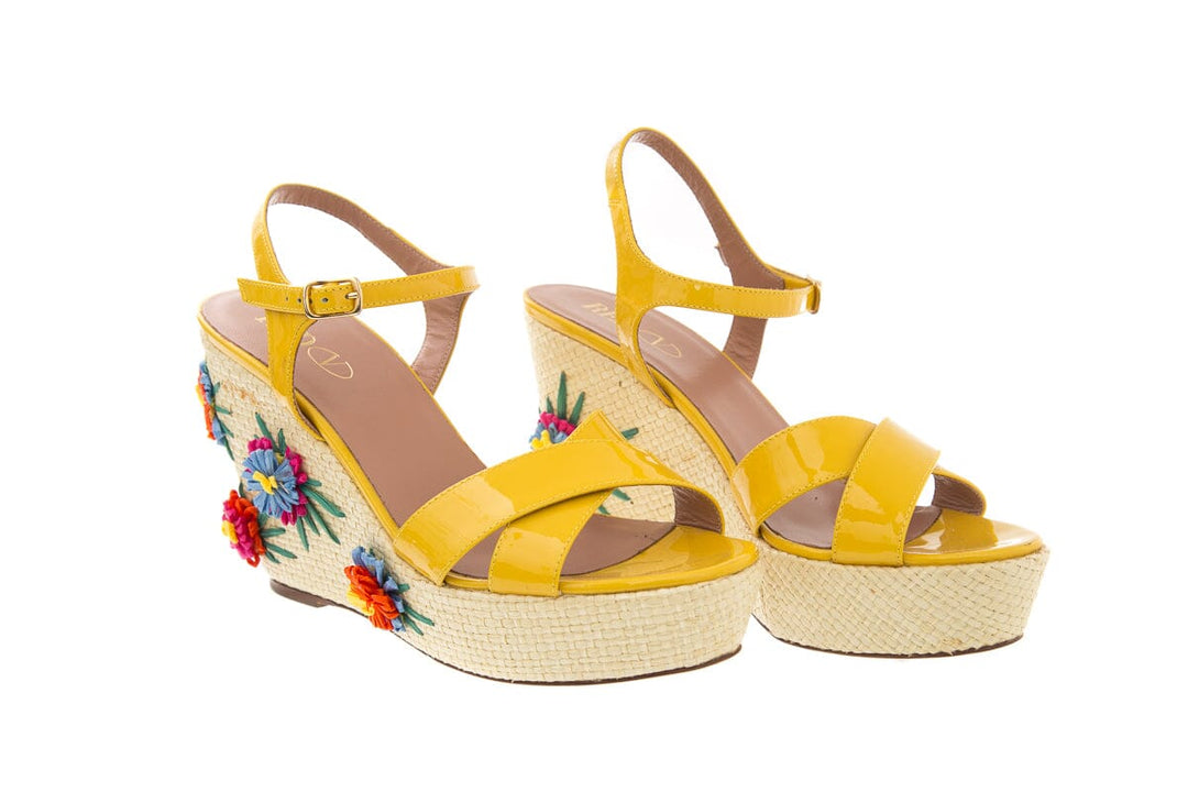 Red Valentino Yellow Patent Leather Jute Floral Wedge SZ 40