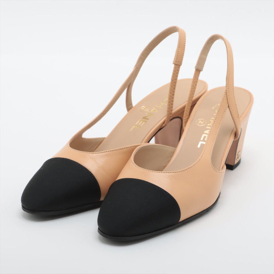 Top Quality Chanel Coco Leather X Fabric Strap Pump EU37  Beige X Black G31318 Box Bag