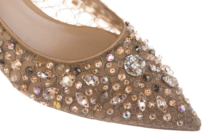 Rene Caovilla Gold Jeweled Lace Heels SZ 38