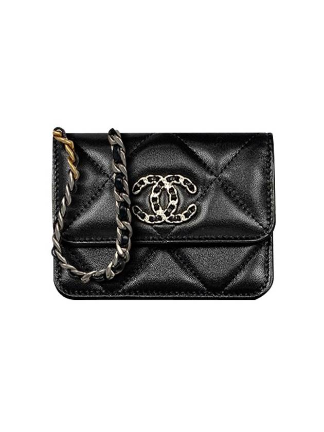 Silver Hardware 19 Chain Lambskin Card Wallet Black Chanel